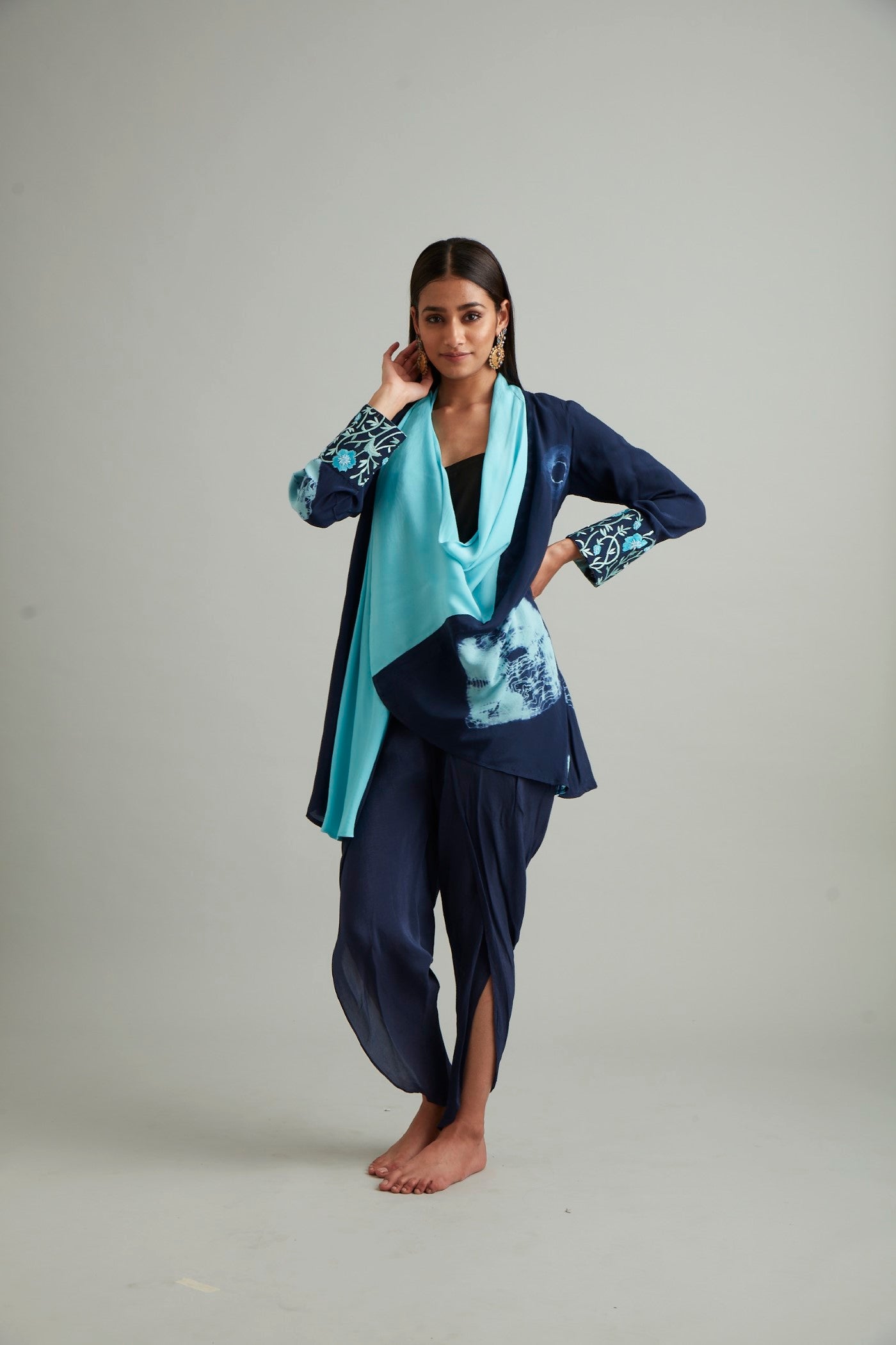Navy Blue Embroidered Shrug With Dhoti